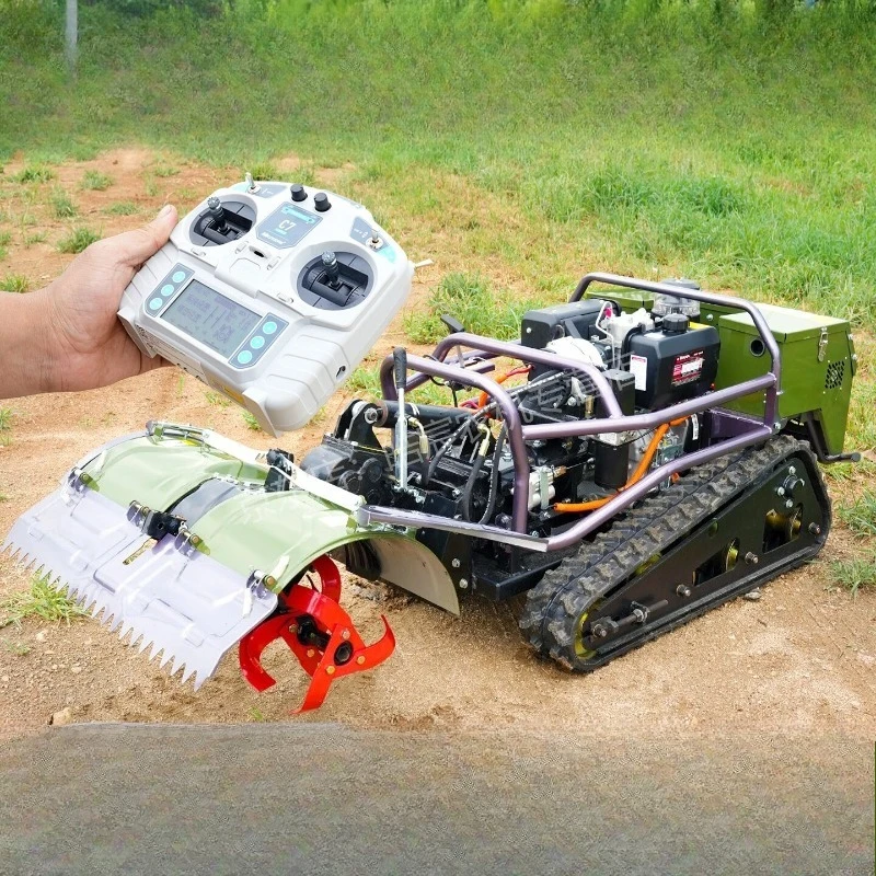 Remote control crawler rotary tiller, four-wheel drive small multi-functional orchard ditch fertilization backfill mowing