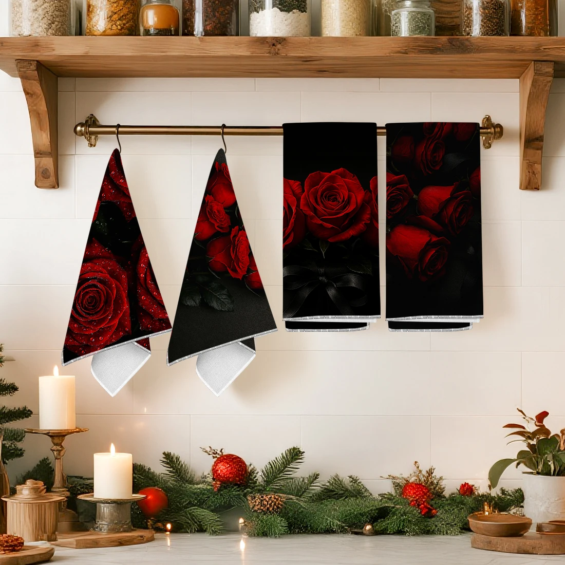 

Набор из 2/4/6 шт. кухонные полотенца с 2D принтом темных розов, полотенца для рук, рождественские украшения для дома, Noel, полотенца для посуды, подарки