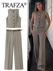 TRAFZA 2024 Female Trousers Set O-Neck Single Breasted Vest Top + High Waist With Belt Pockets Commute Woman Wide Leg Long Pant