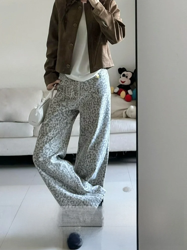 

plus Size American Sle Leopard Print Wide Leg Jeans Women's Loose Slim Straight Pants Autumn Winter New Arrival