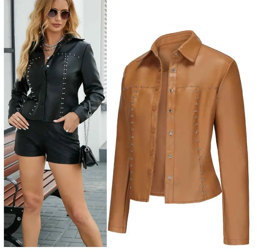 Women Rivet Decoration Leather Jacket Cardigan Buttoned Styles Faux Leather Top Clothing