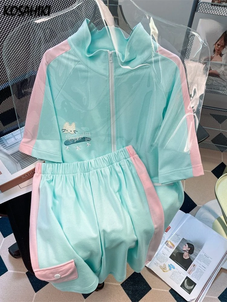 Summer Cartoon Embroidery Two Piece Set Women Hoodie Harajuku Shorts Outfits Tops Contrast Color Casual Loose Y2k Aesthetic Suit