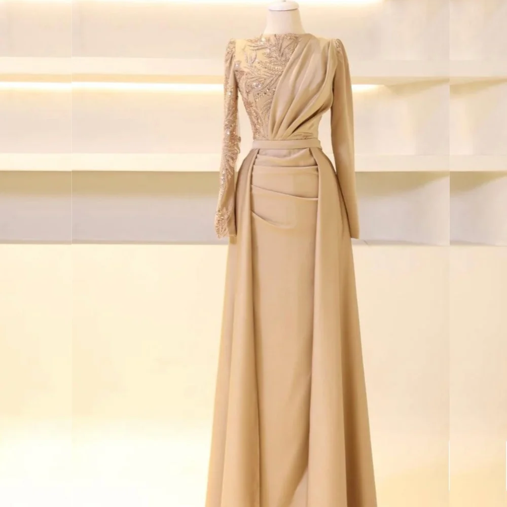

Customized High Quality Jersey Sequined Pleat A-line Scoop Neck Long Dresses Bespoke Occasion Sparkle Classic