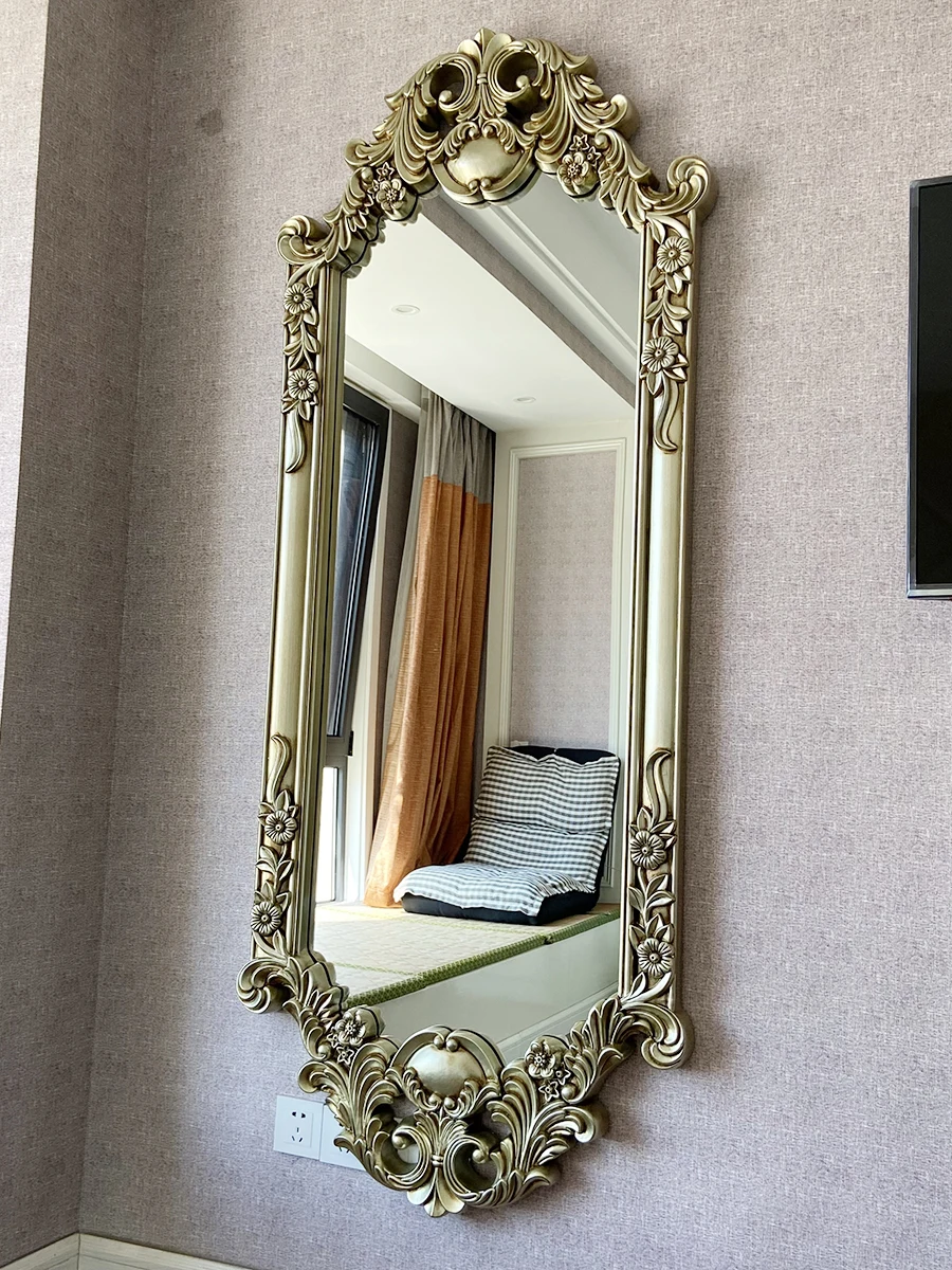 

European Retro Carved Wall-Mounted Dressing Mirror for Living Room, Clothing Store, Cloakroom, and Fitting Room
