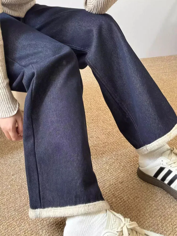 Plus size feminino Thiened Fce forrado jeans de perna larga cintura alta emagrecimento vintage azul retalhos calças compridas casuais