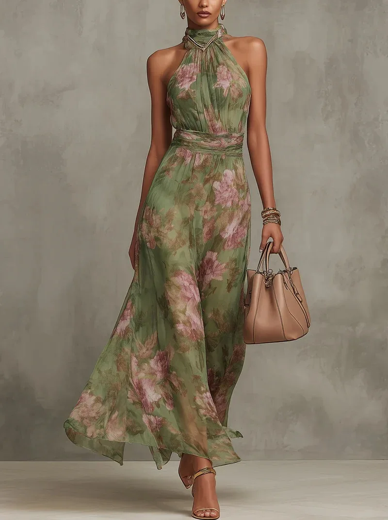 Groene bloemenprint halter maxi jurk voor dames, mouwloos, hoge hals, gerimpelde taille, chiffon, zwierige avondjurk voor feestjes