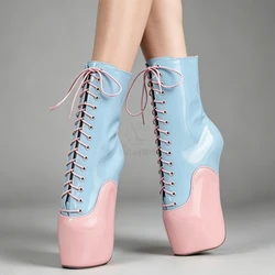 18CM Extreme High Heel Hoof Sole Heelless Wedge Ballet Boots Pastel Blue Pink Two-Tone Ultra High Heel Lace-Up Ankle Boots