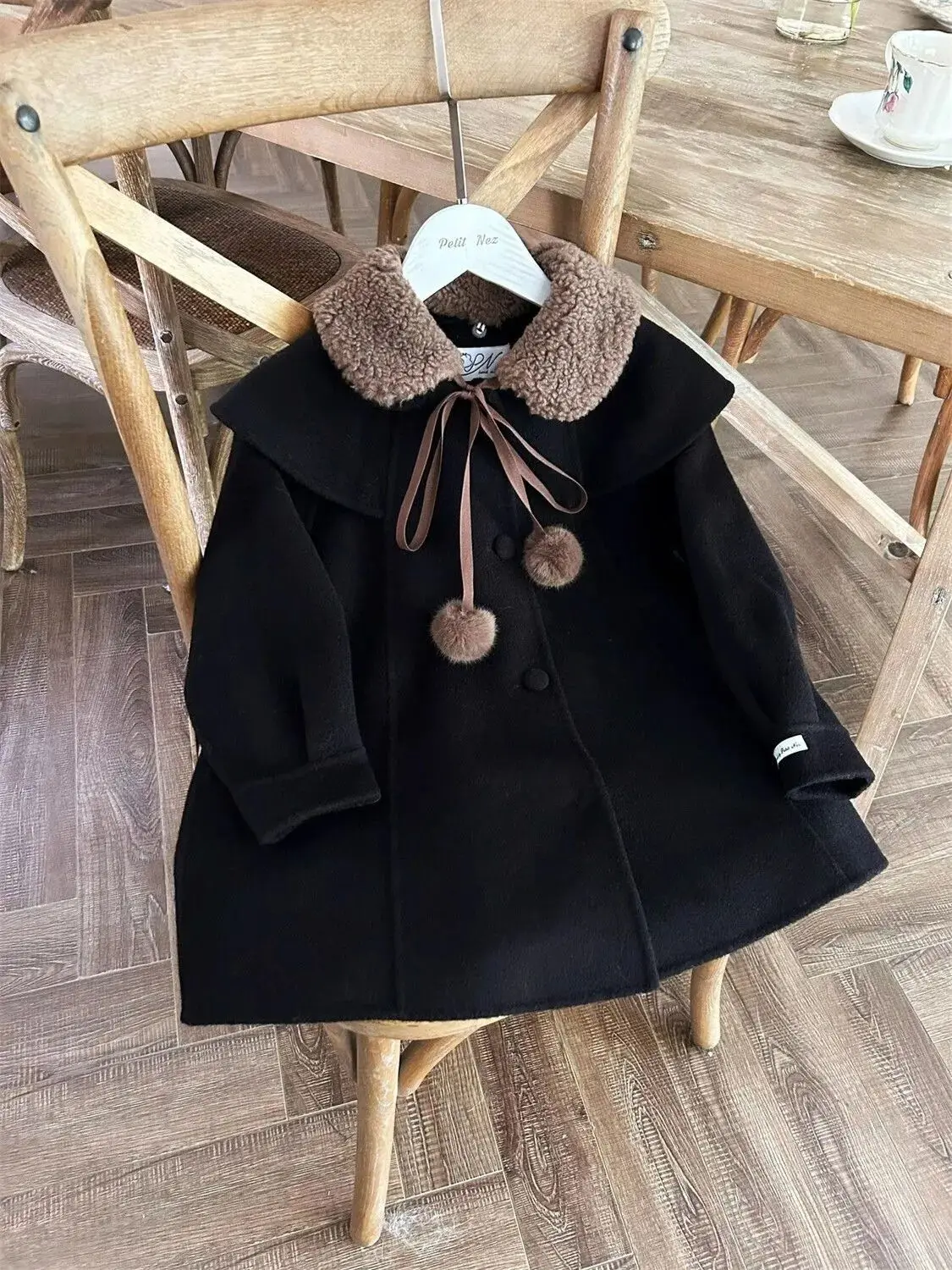 

Black double-sided wool lapel coat for children in autumn and winter thick woolen coat for boys and girls