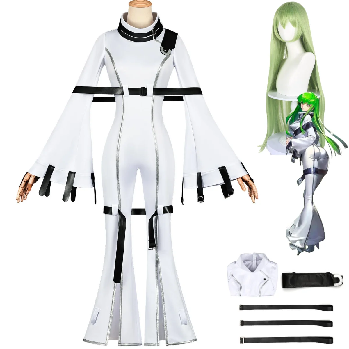 Anime CODE GEASS Lelouch of The Rebellion C.C. Cosplay Costume Wig Sexy White Tight Leather Jumpsuit Woman Carnival Party Suit