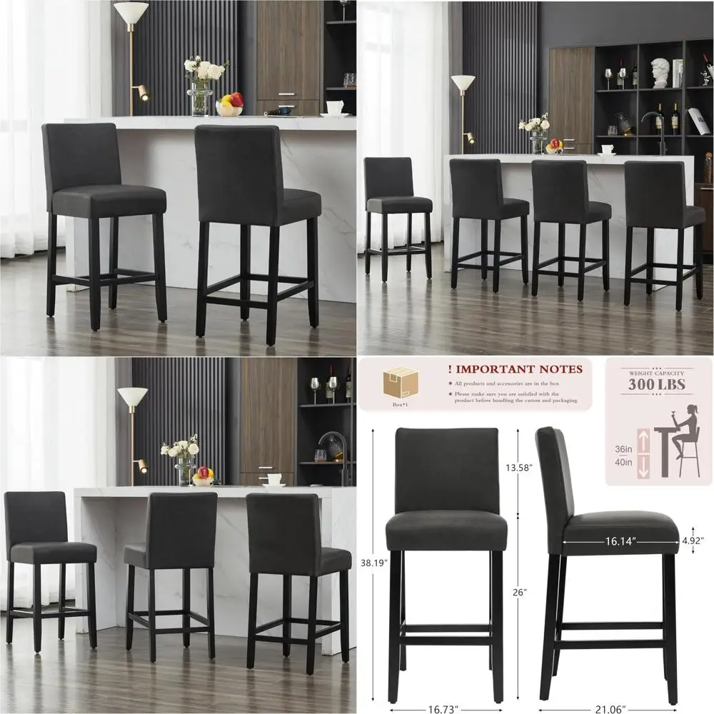 Modern Upholstered Bar Stools Set of 2, Black Faux Leather, Solid Wood Legs, Bar Height Chairs with Back Support, Comfortable Se