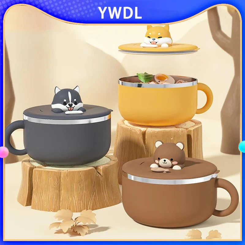 YWDL 1.2L Cartoon Dog Instant Noodle Bowl With Lid And Spoon L Dormitory Students  Lunch Box Stainless Steel Handle Soup Bowl