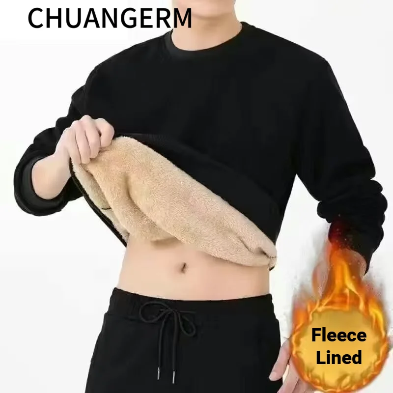 CHUANGERM Korean Fashionable Plush Casual Warm Underwear T‑shirt Men's Autumn Winter Fleece Lined Warm Top Long Sleeved