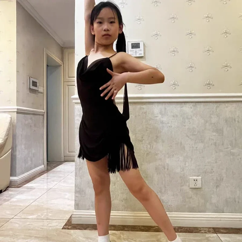 Novo vestido de dança latina meninas sem costas roupas de dança cha cha rumba franja vestido preto prática roupas vestido de competição