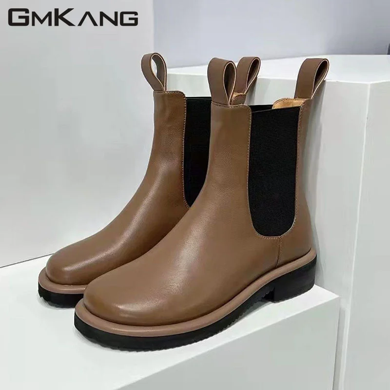 

2022 Autumn Short Boots Woman Genuine Leather Flat Shoes Female Round Slip-on Chelsea Boots Casual Motorcycle Boots Woman