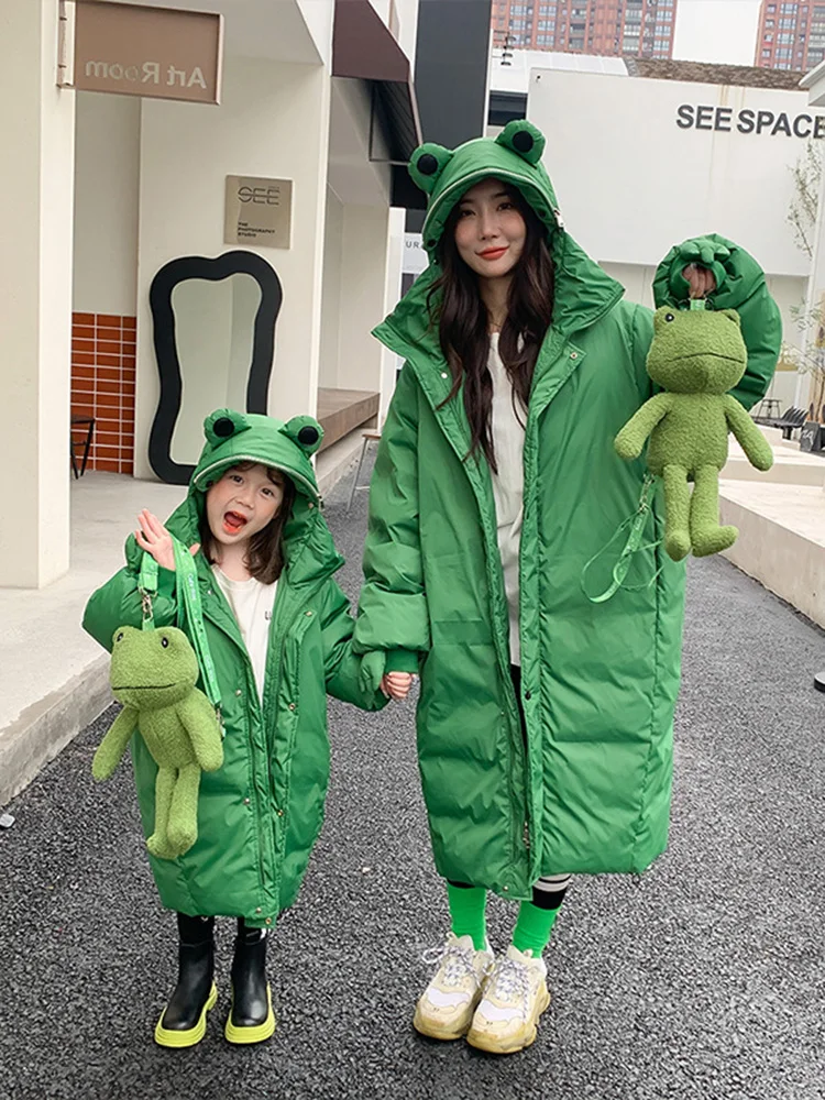 Parent-child Down Jacket Winter Long Family Three Hooded Frog Children\'s Clothing Cartoon Coat Mother and Daughter Clothing