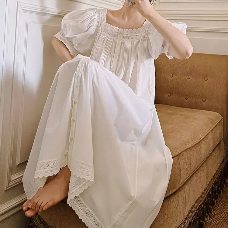 

French Style Women's Retro Cotton Nightdress Short Sleeve Maxi Dress Square Collar Single-breasted Night Gown Pajamas for Women