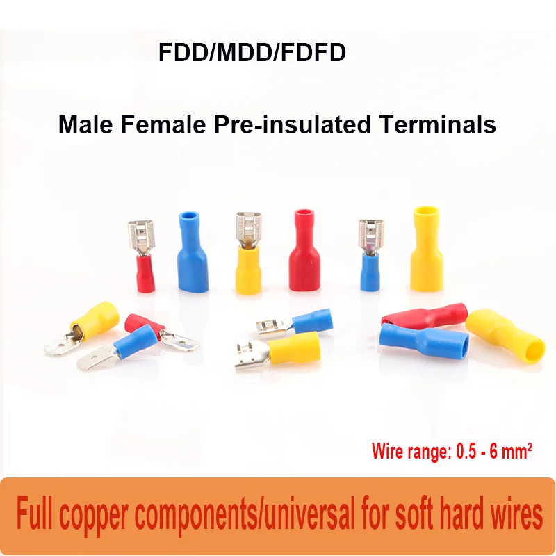 

50/100Pcs Male And Female Pre Insulated Cold Pressed Terminal FDFD/FDD/MDD 1.25-110/250 Plug-in Spring Plug Pair Wiring ﻿