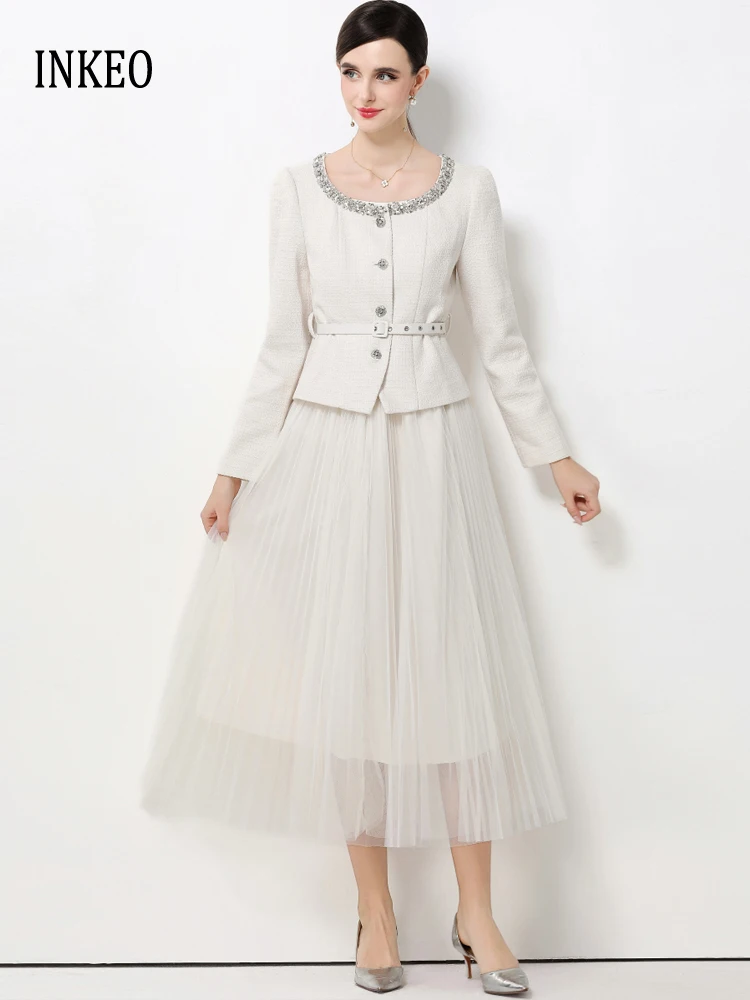 Elegant Rhinestone beading jacket Women's  2 Piece set 2026 Spring Autumn Tweed coat with belt and Mesh midi skirt INKEO 5O135
