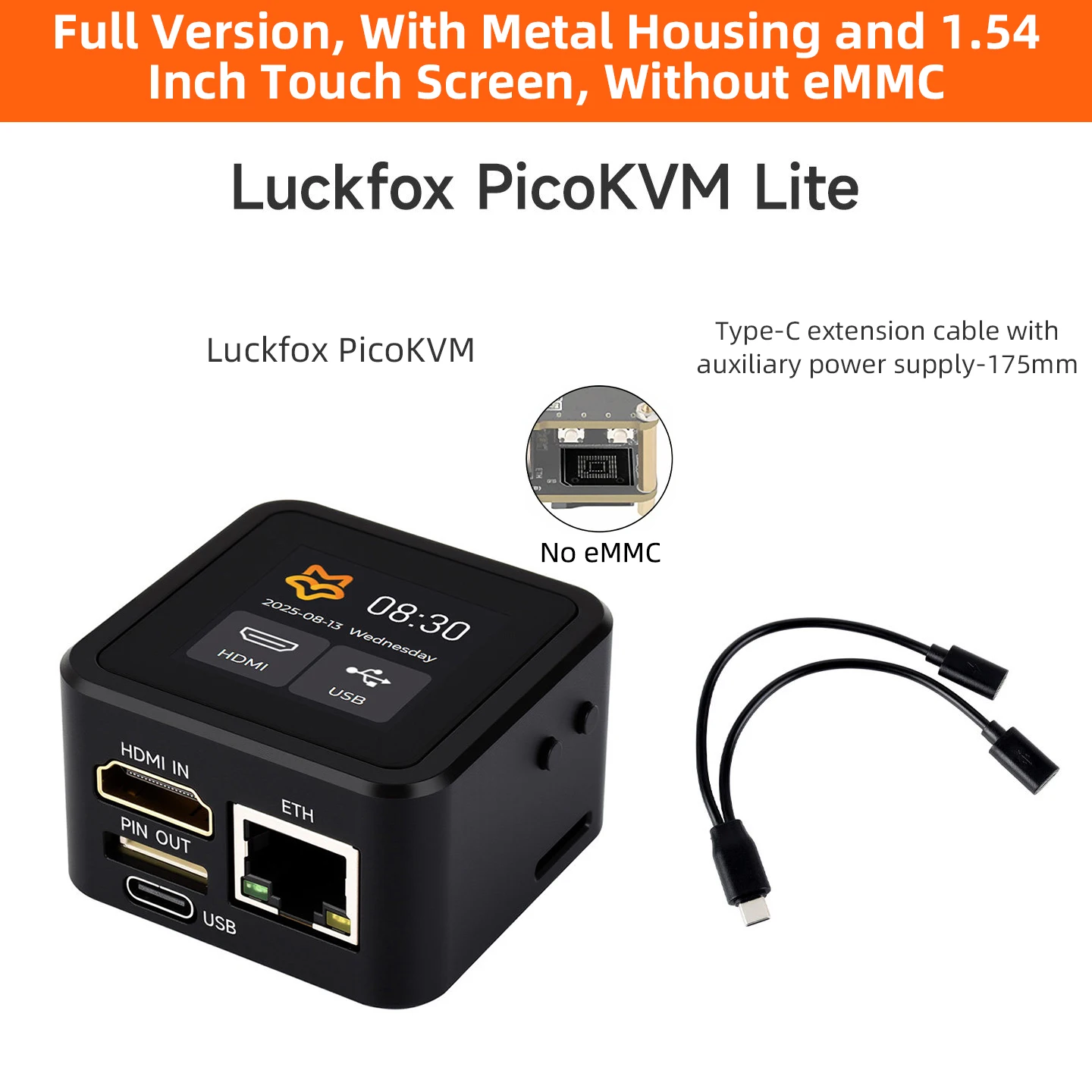 Luckfox PicoKVM Onboard HDMI-kompatibler USB-Ethernet-E/A-Erweiterungsport IP-KVM-Management 1,54'' Touch-Vitrine Optional