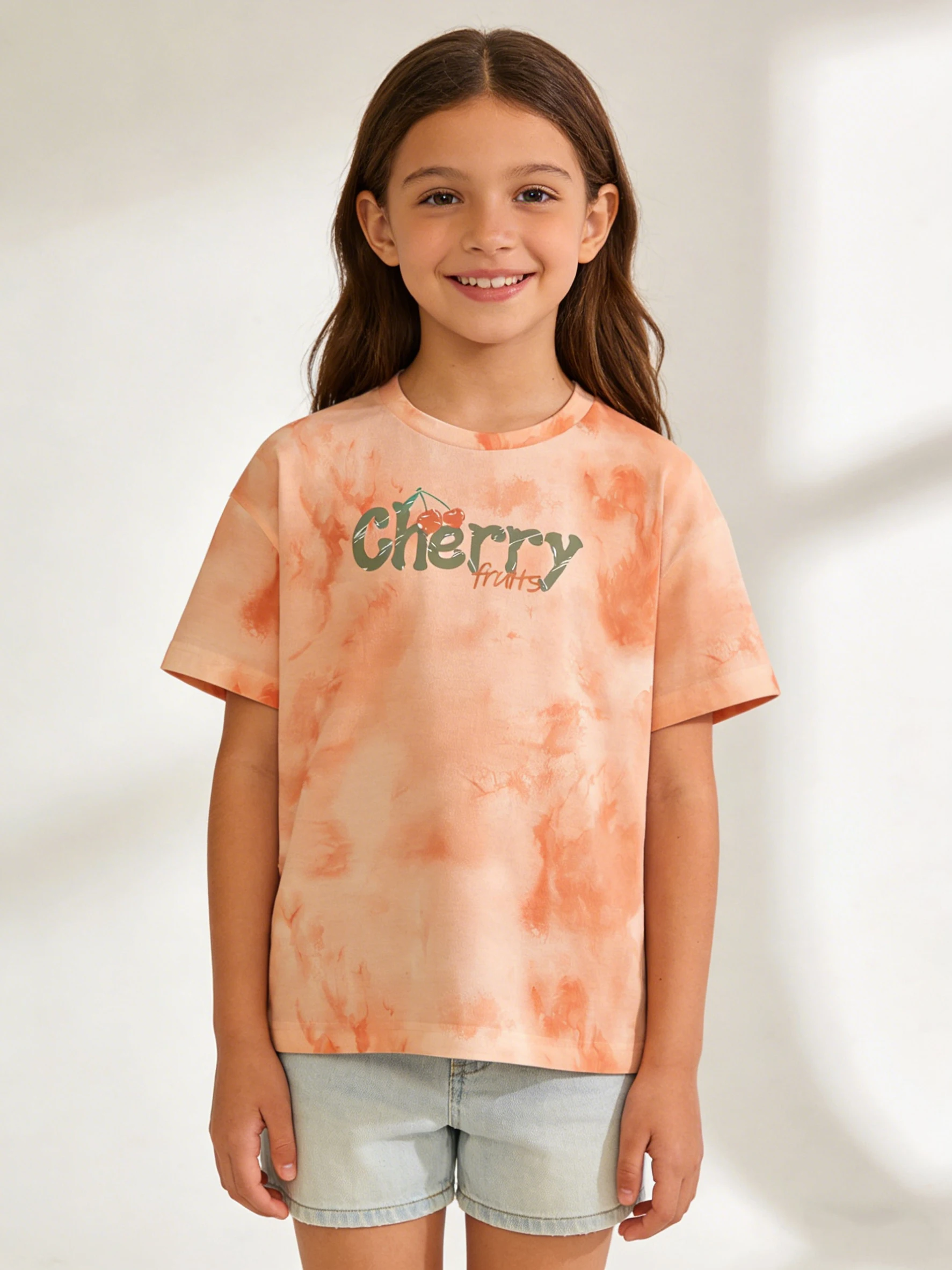 

2026 Girl, Tie-dye, Cherry Fruit Letters, Short Sleeve T-Shirt, Casual Top
