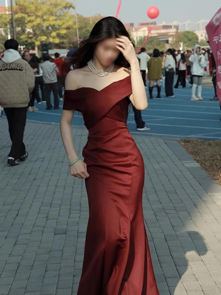 

One oulder Satin Fini Wedding Dr Ele Adult Ceremony Red Dr Engagement Par Long Evening Gown Floor Length