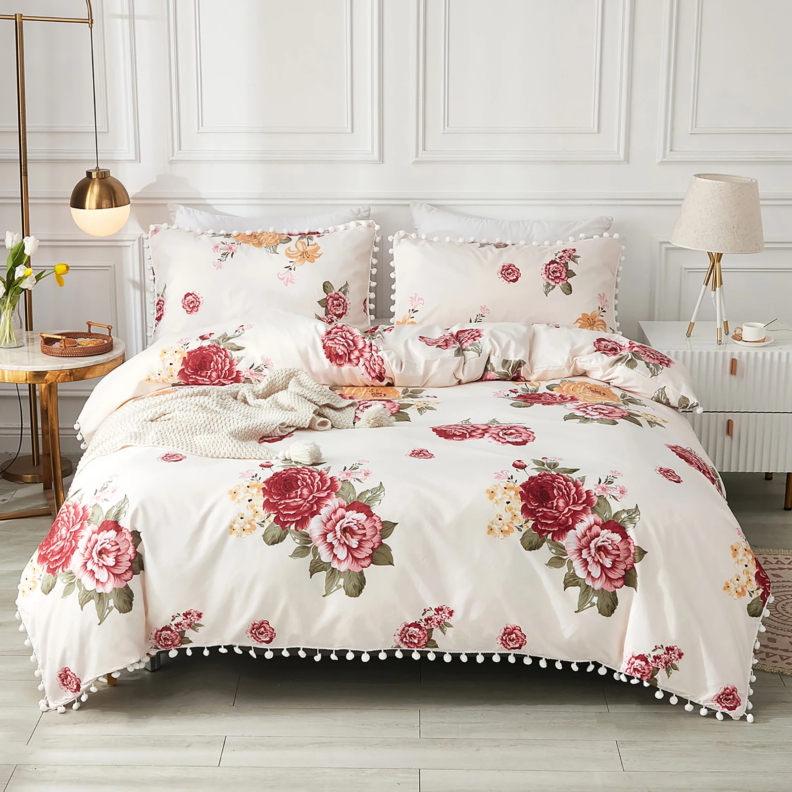 Girls Rose Duvet Cover Set Pink Bedding Set Cute Pom Pom Bedding Set Rustic Duvet Cover Set Romantic Home Decor