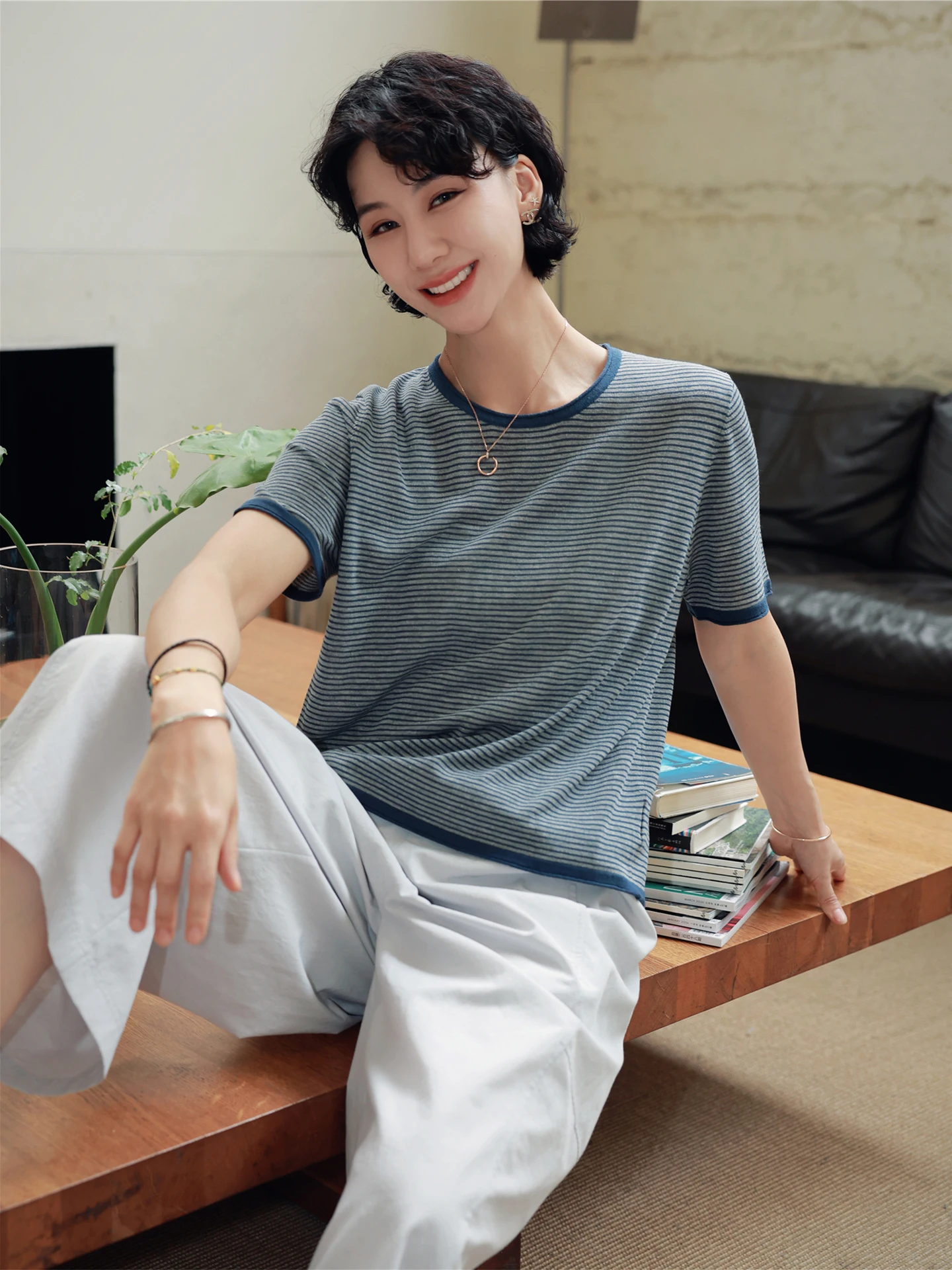 

TT Linen Blend Knitted T-Shirt Striped Dual Color Embroidery Lightweight Short Sleeve Casual Style Women's Top