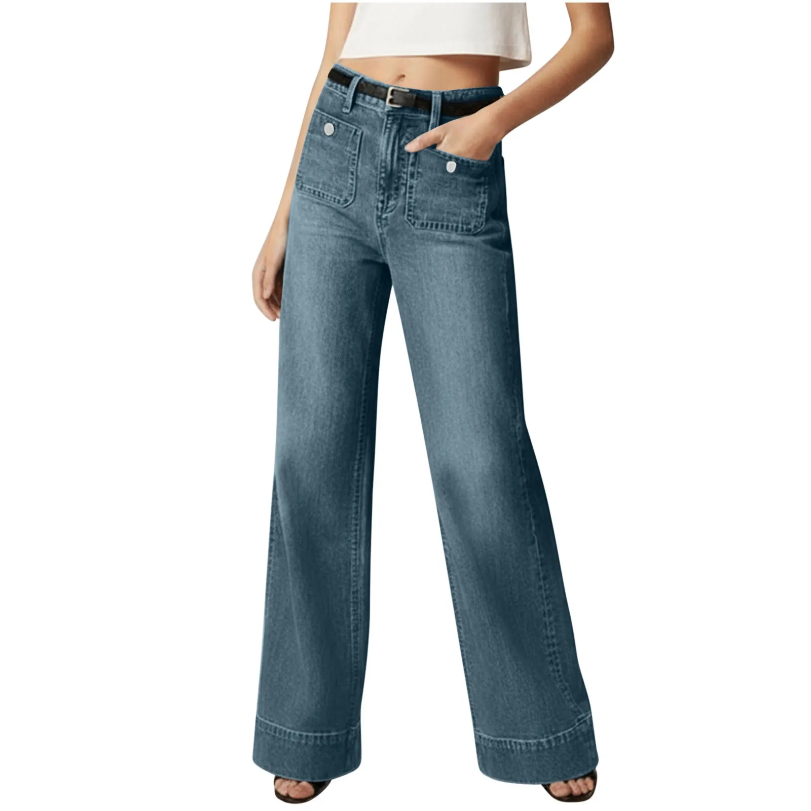 Damen-Jeans mit hoher Taille, Denim-Jeans, Damen, weites Bein, schmale Schlaghose, Taschen, Jean-Hose