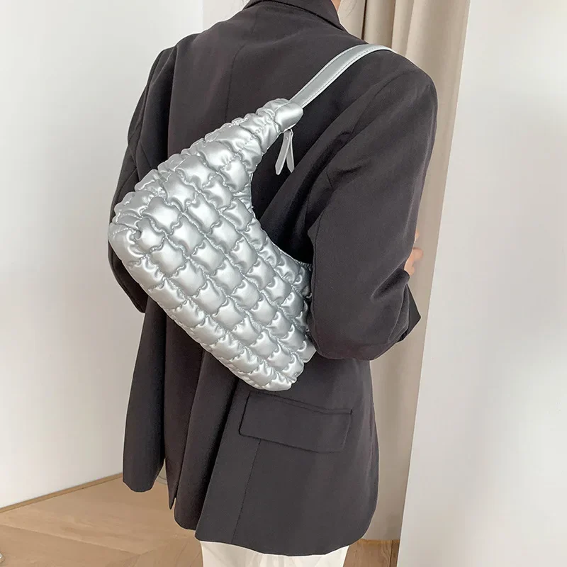 

Fashion Ruched Quilted Hobos Women Shoulder Bags Designer Padded Lady Handbags Luxury Pu Leather Down Cotton Underarm Bag 2022