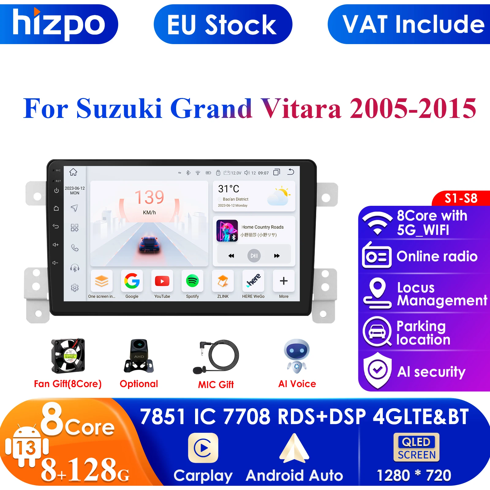 AI Voice 2Din Android Car Radio GPS for Suzuki Grand Vitara 3 2005 - 2015 Autoradio Navigation Multimedia Audio Video Player RDS
