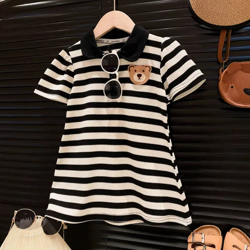 Kids Girls Clothes Summer Dress Cute Cartoon Bear Dress Baby Girls Black and White Stripes Polo Dress Preppy Style Casual Dress