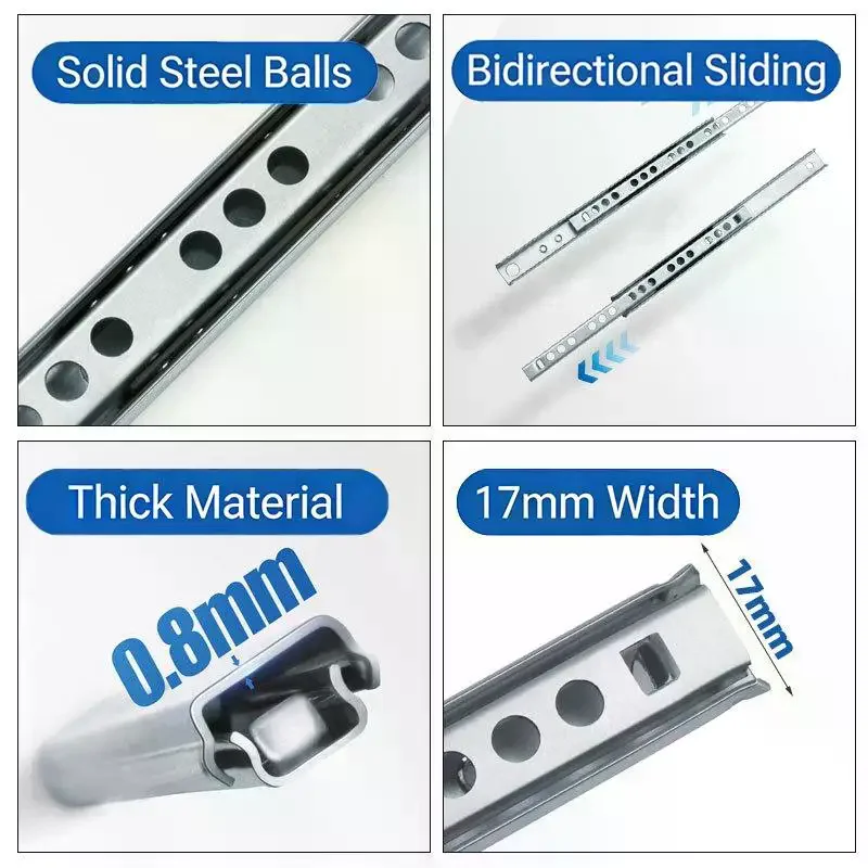 

2Set Smooth Glide Bearing Drawer Slides 17mm Wide Two Way Slide Drawer Glides 8"-17" Hardware Accessories Drawer Rail