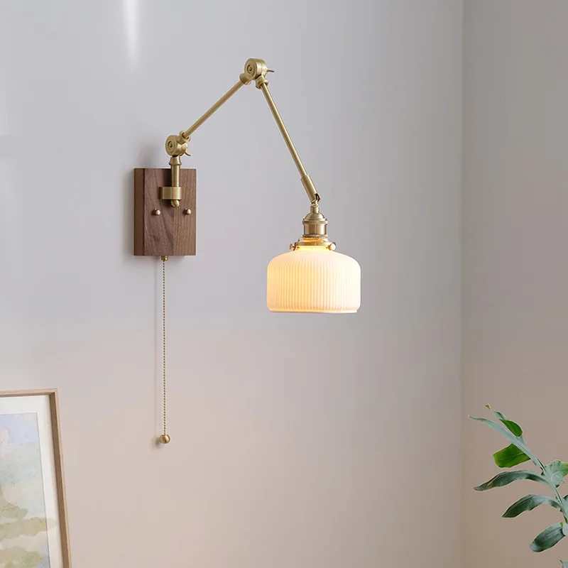 Rotatable wall light Pull Chain Switch LED Wall Lamp Beside Bedroom Living Room Light Arm Wood Canopy Applique Murale Sconce