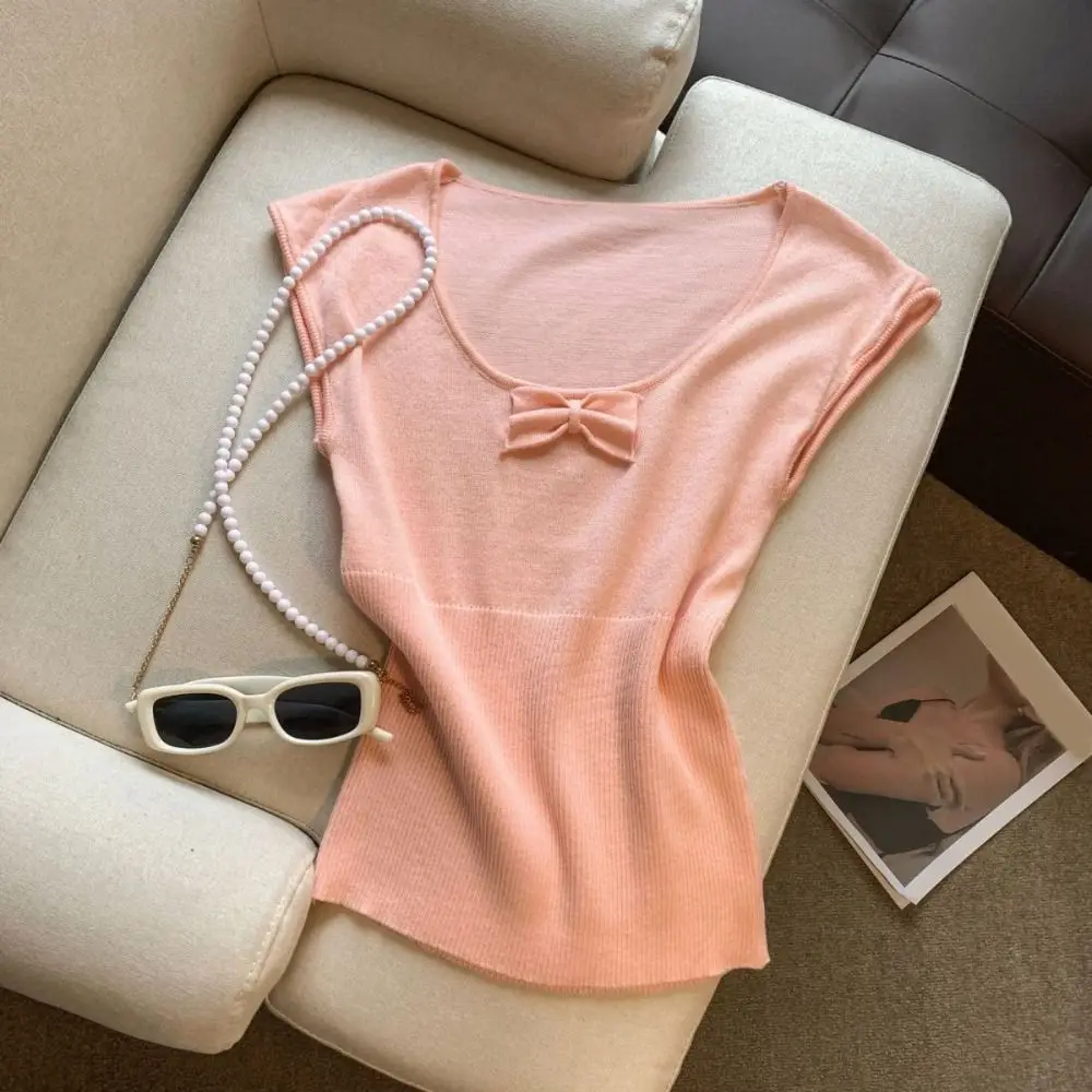 

Round Neck Korean Y2K Crop Tops Solid Color Short Sleeves Bowknot Knit T-shirt Women Clothing Sweet Slim Short T-shirt
