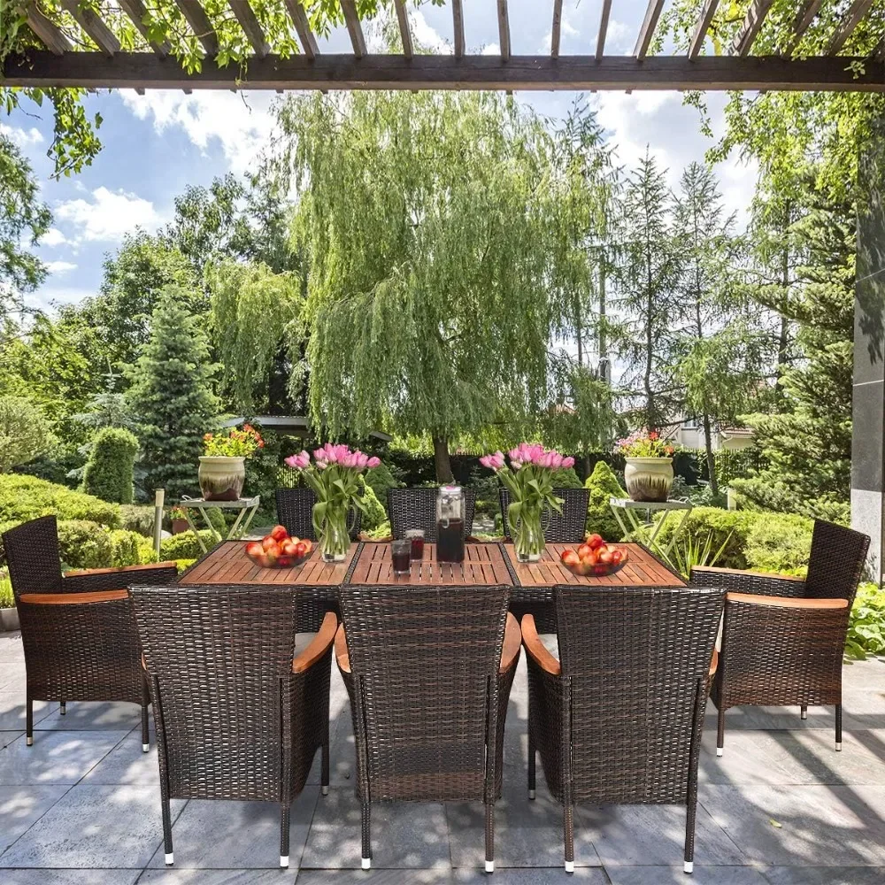 Ensemble de salle à manger d'extérieur, avec accoudoirs empilables, 9 pièces, mobilier de jardin