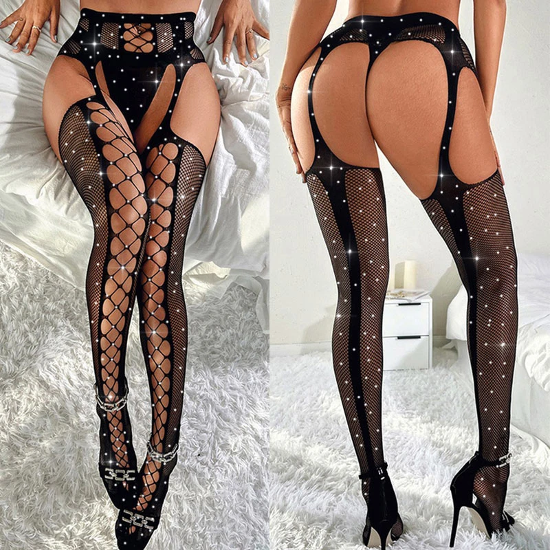 Open Crotch Tights Erotic Lingerie Women Rhinestone Stockings With Belt Set High Fishnet Sexy Pantyhose Mesh Hollow Out Tights