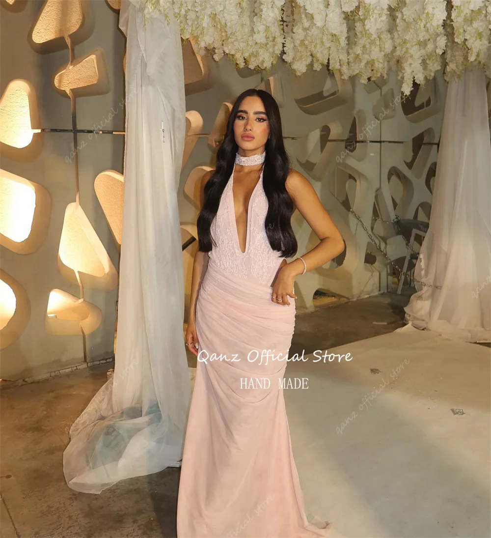 Qanz فساتين لحضور الحفلات الموسيقية من الشيفون الوردي الأنيق بفتحة رقبة على شكل V عميقة من الدانتيل حورية البحر فيستدوس بارا إيفينتوس خاص فستان سهرة مثير حسب الطلب #3