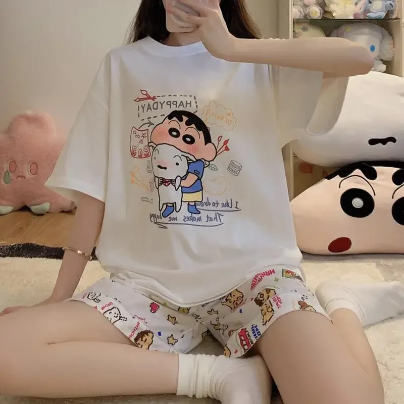 New Kawaii Cute Crayon Shin Chan Pajamas Three Piece Short Sleeve Sling Student Leisure Cartoon Anime Fashion Birthday Girl Gift