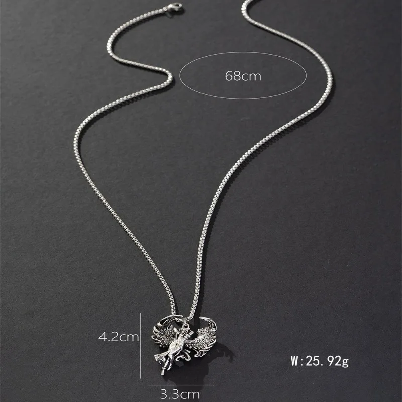 Fallen Angel Pendant Necklace for Men Women Vintage Wing Angel Figure Box Chain Necklace Gothic Punk Hip‑Hop Jewelry Gift