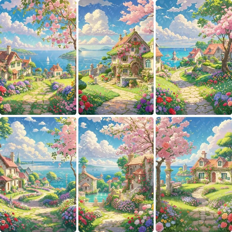 DIY Spring Sakura Cottage Diamond Painting Colorful Flower Path Seaside Scenery Wall Decor Handmade Art Exquisite Gift