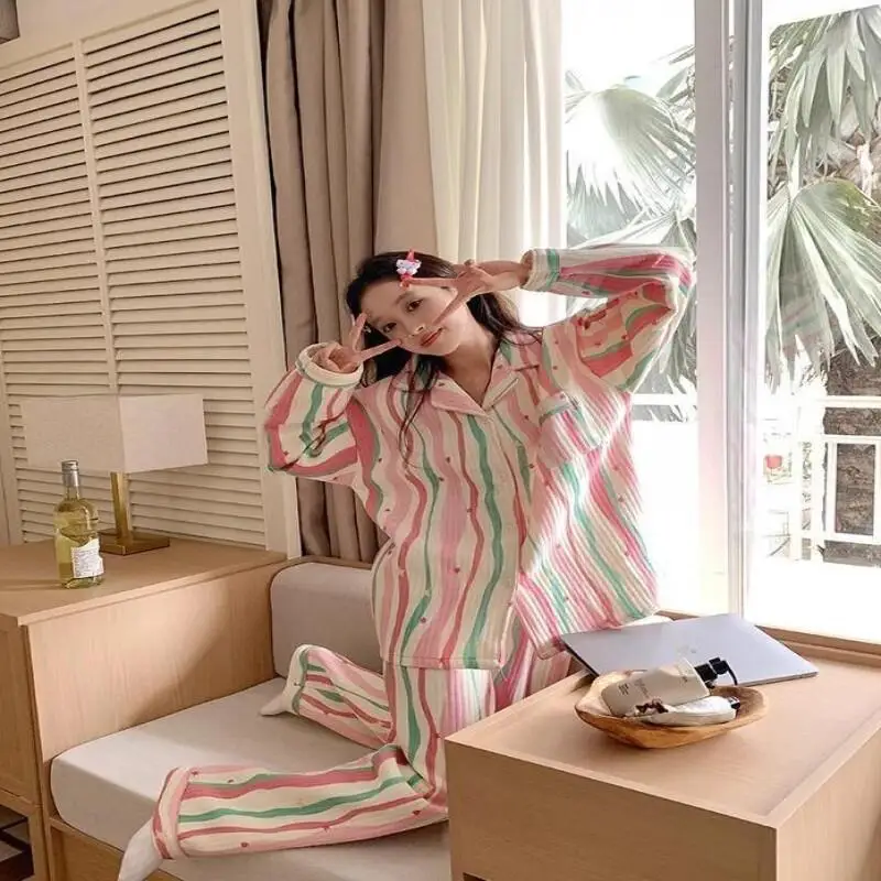 여성용 파자마 세트, 따뜻한 겨울 파자마, 패셔너블한 홈웨어, 귀엽고 부드러운 파자마 세트, 달콤한 무지개 색상