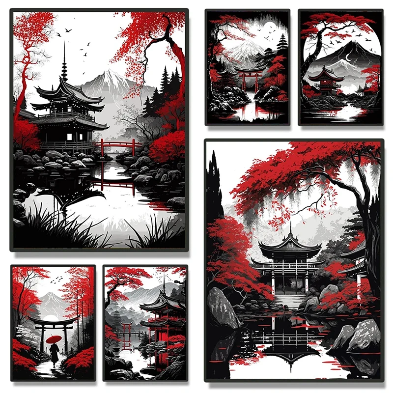 1pc frameless Canvas Painting 1pcs(No frame)Japanese Natural Scenery Poster Prints Abstract Red Tree And Pavilion Landscape Canv