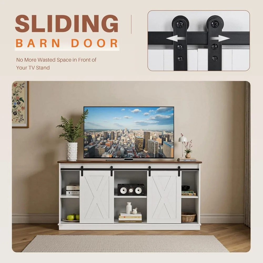 حامل تلفزيون للتلفزيونات حتى 65 بوصة مركز ترفيه المزرعة مع خزائن تخزين أبواب الحظيرة المنزلقة الحديثة #6