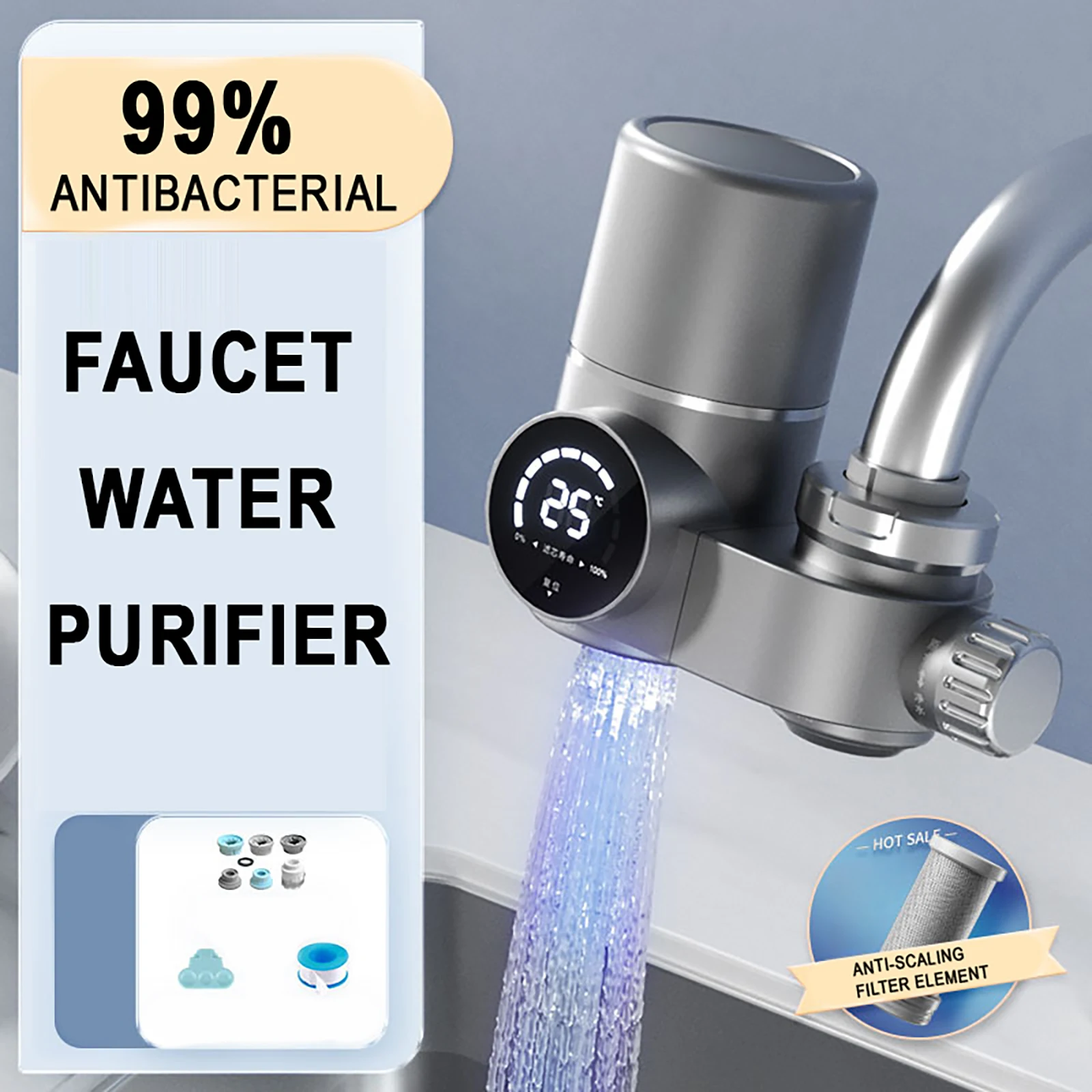 Faucet Extender Water Filter, with UV Light & LED Display, Kitchen Anti-Scaling & Sterilizing Tap Filter Faucet Accessories