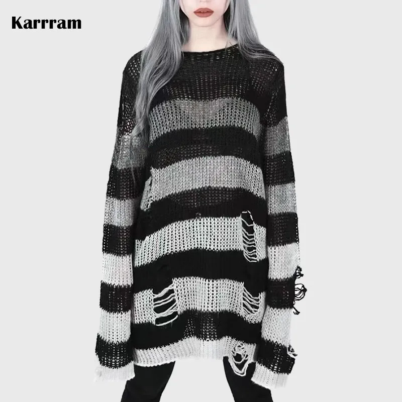 Karrram Punk Gothic Sweater Emo Tops E-girls Mall Goth Pullovers Y2k Harajuku Grunge Clothes Alt Dark Aesthetic Striped Jumpers