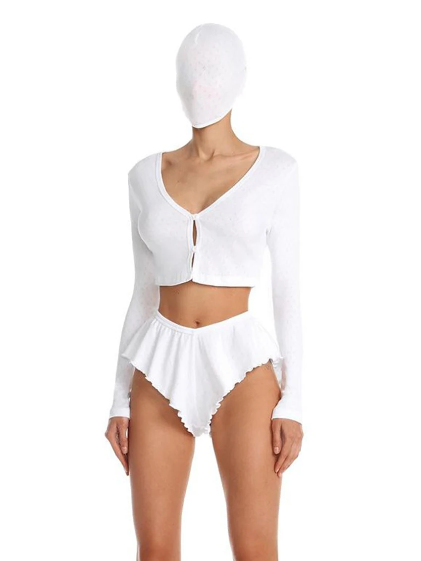 Marthaqiqi Home Clothes Women Sexy V-Neck Sleepwear Long Sleeve Nightgowns Crop Top Nightwear Shorts Casual Nightie 2 Piece Suit