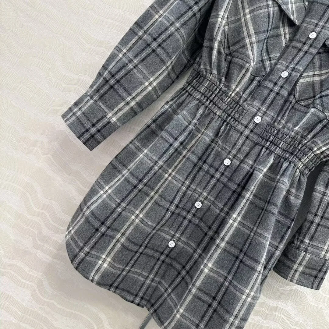 Preppy Style Vintage Grau Kariertes Minikleid Damen Cord Gespleißtes Revers Langarm Vordertaschen Elastische Taille Hemdkleider