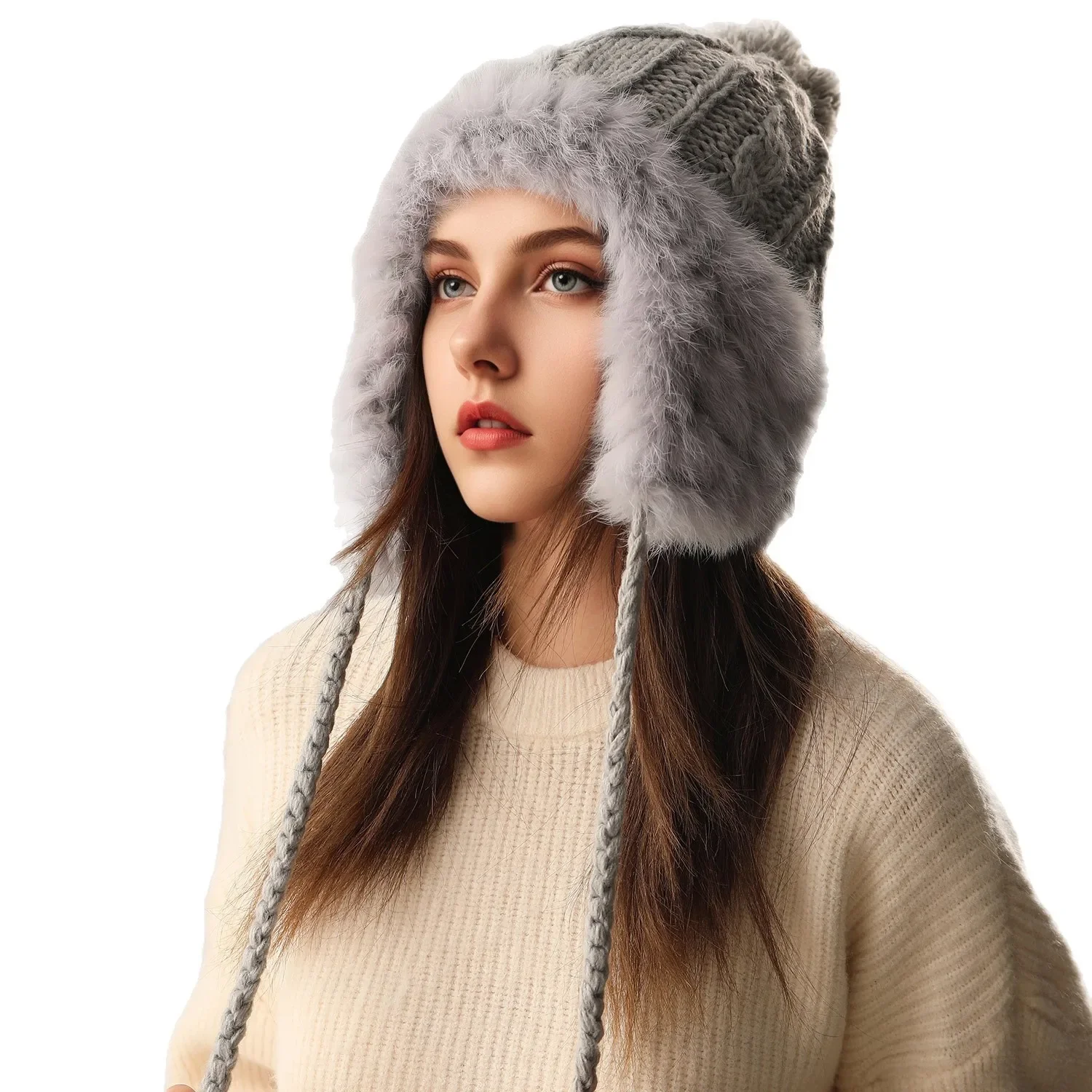 قبعة نسائية محبوكة من فراء الأرنب للخريف والشتاء مع بطانة مخملية، حماية دافئة للأذن، قبعة صغيرة عصرية متعددة الاستخدامات