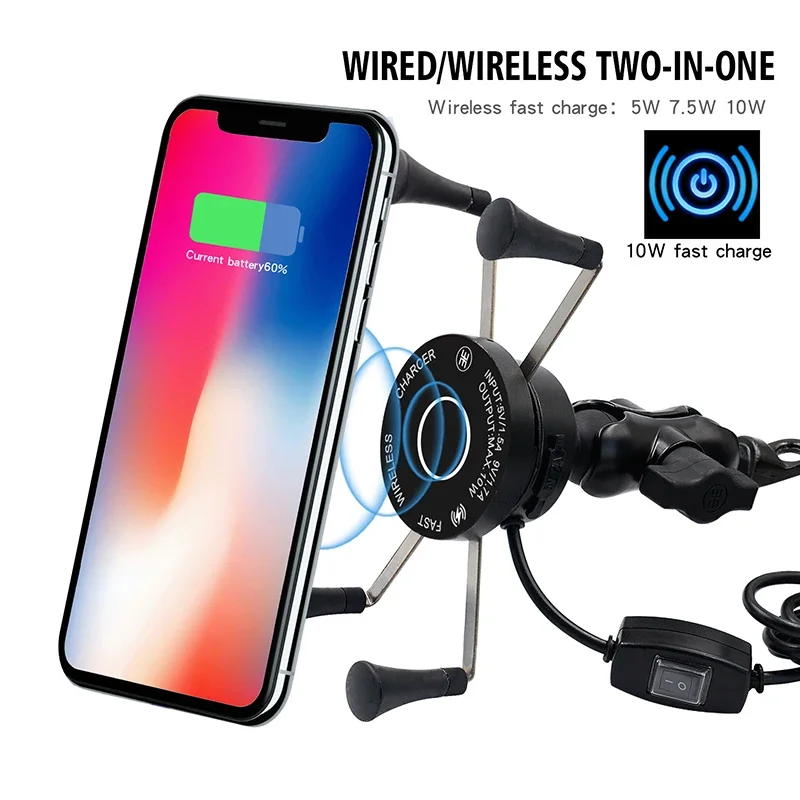 Cauklo 2 in 1 Aluminum Motorcycle Phone Holder Bracket Wireless charger QC3.0 Quick charge Moto Handlebar stand for Phone Mount