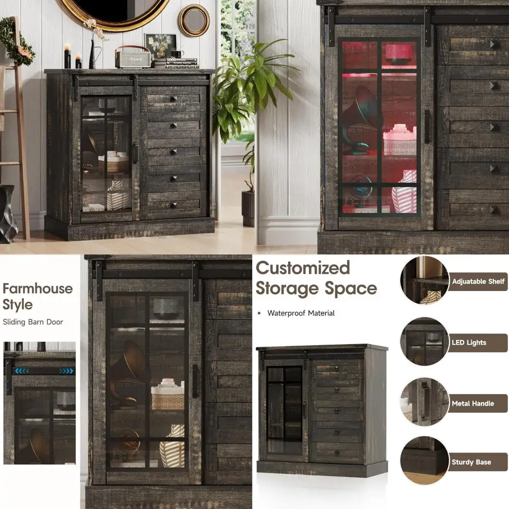 

5-drawer sliding glass door storage cabinet with led lighting, 31" wide, 6 color options